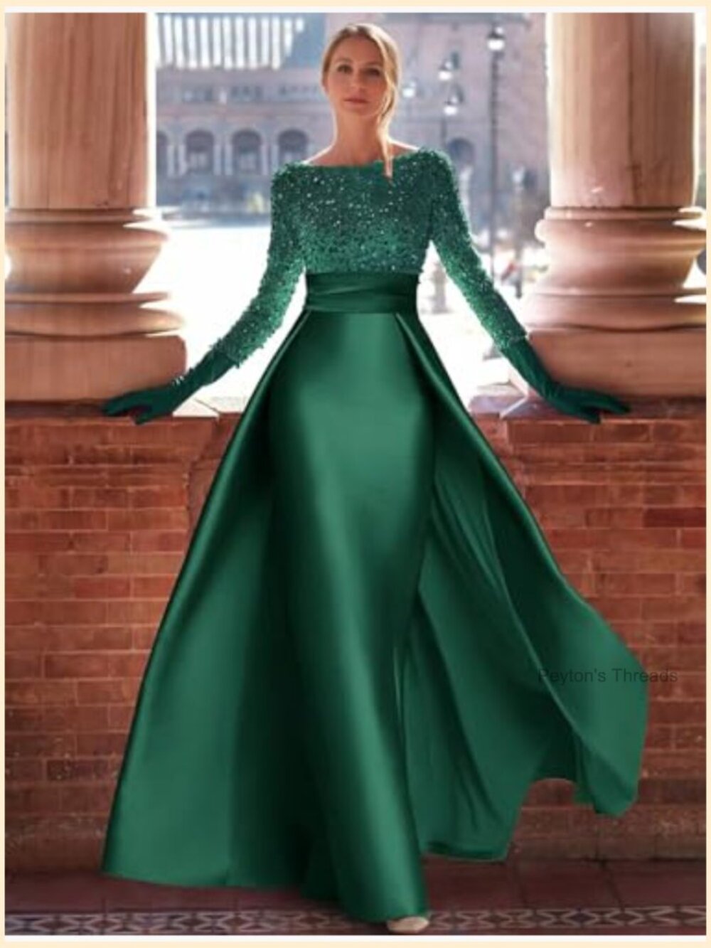 Long Sleeve Sequined A-line Evening Gown with Overskirt Prom Dress - Picture 4 of 7
